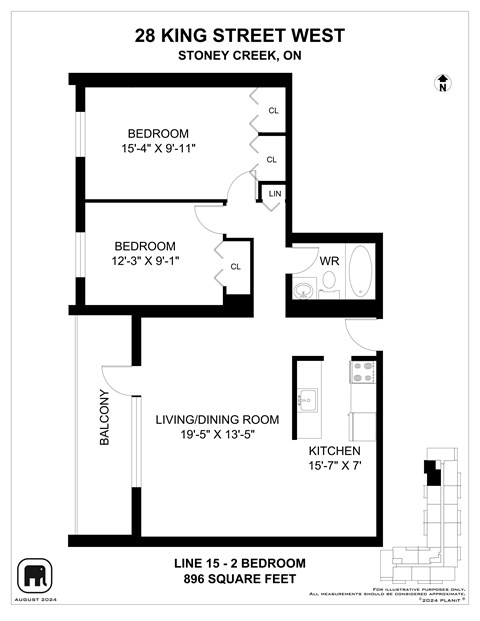 A floor plan for a home at 28 King Street West, Stoney Creek, Ontario.